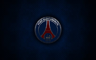 Le PSG, le Paris Saint-Germain, 4k, logo en m&#233;tal, art cr&#233;atif, club fran&#231;ais de football, embl&#232;mes, bleu m&#233;tal, fond, Paris, France, le football