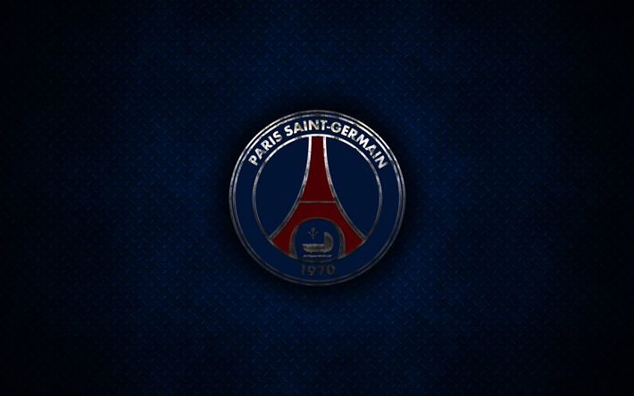 PSG, Paris Saint-Germain, 4k, metal logo, yaratıcı sanat, Fransız Futbol Kul&#252;b&#252; amblemleri, mavi metal arka plan, Paris, Fransa, futbol
