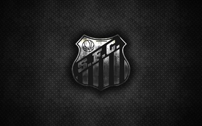 Santos FC, 4k, logo in metallo, arte creativa, Brazilian football club, Serie A, emblema, nero, metallo, sfondo, Santos, Sao Paulo, Brasile, calcio, Santos Futebol Clube