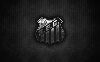 Santos FC, 4k, المعادن الشعار, الفنون الإبداعية, البرازيلي لكرة القدم, دوري الدرجة الاولى الايطالي, شعار, المعدن الأسود الخلفية, القديسين, ساو باولو, البرازيل, كرة القدم, سانتوس لكرة القدم