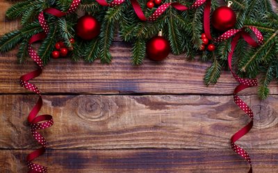 赤いクリスマスボール, クリスマスツリー店, 木の背景, 板, 装飾, 新年, クリスマス