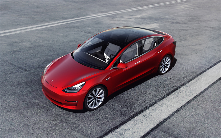 Tesla Model 3, 2018, top view, new red Model 3, electric car, american cars, Tesla
