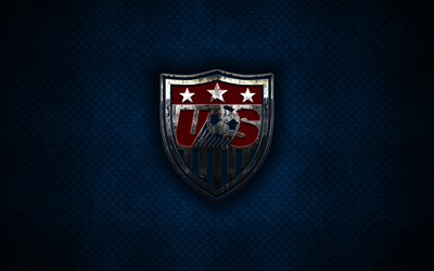 الولايات المتحدة الأمريكية فريق كرة القدم الوطني, 4k, المعادن الشعار, الفنون الإبداعية, شعار معدني, معدني أزرق الخلفية, الولايات المتحدة الأمريكية, كرة القدم