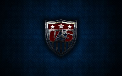 &#201;tats-unis l&#39;&#233;quipe nationale de football, 4k, logo en m&#233;tal, art cr&#233;atif, embl&#232;me de m&#233;tal, bleu m&#233;tal, fond, etats-unis, le football, le soccer