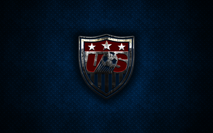 USA equipo nacional de f&#250;tbol, 4k, logo de metal, arte creativo, emblema de metal, de metal de color azul de fondo, estados UNIDOS, f&#250;tbol