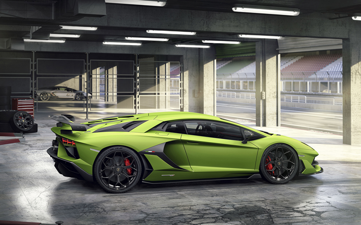 2019, Lamborghini Aventador SVJ, green racing bil, superbil, garage, side view, italienska sportbilar, Aventador, Lamborghini