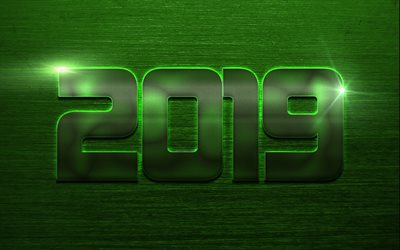 2019 year, green metal background, creative art, green neon light, green digits, 2019 concepts, New Year