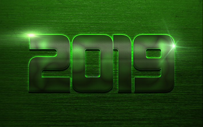 2019年, 緑色の金属の背景, 【クリエイティブ-アート, 緑のネオン, 緑桁, 2019概念, 新年