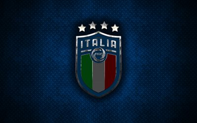 Italy national football team, 4k, new logo, metal logo, creative art, new emblem, blue metal background, Italy, football