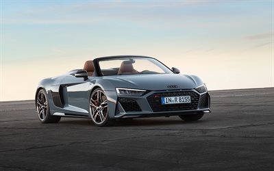 Audi R8, 2019, silver convertible, front view, exterior, new R8, German sports cars, Audi