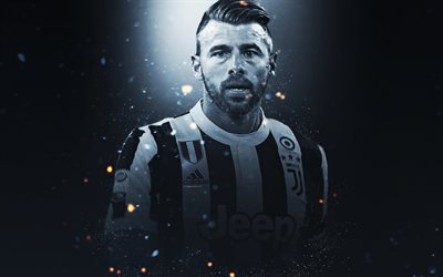 Andrea Barzagli, 4k, creative art, Juventus FC, Italian footballer, lighting effects, gray background, portrait, Serie A, Italy, football players