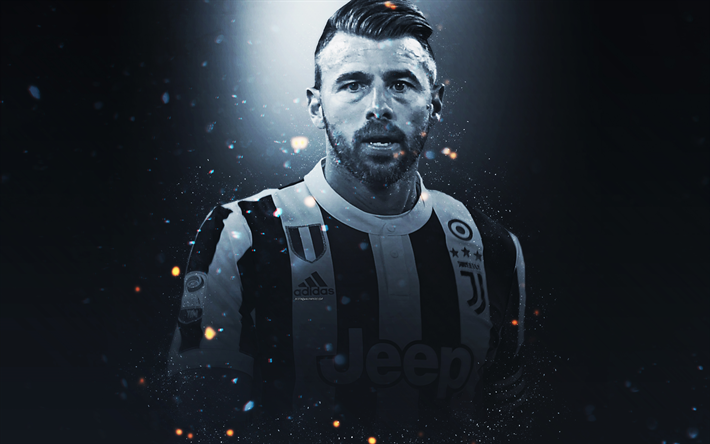 Andrea Barzagli, 4k, creative art, Juventus FC, Italian footballer, lighting effects, gray background, portrait, Serie A, Italy, football players