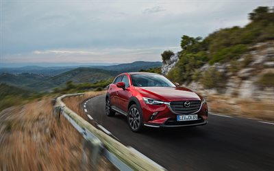 Mazda CX-3, estrada, 2018 carros, borr&#227;o de movimento, cruzamentos, vermelho CX-3, Mazda