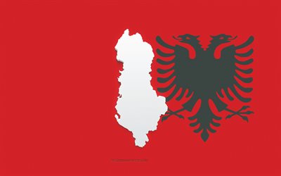 Silhouette de carte d&#39;Albanie, drapeau d&#39;Albanie, silhouette sur le drapeau, Albanie, silhouette de carte d&#39;Albanie 3d, carte 3d d&#39;Albanie