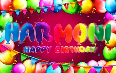 お誕生日おめでとうハーモニ, 4k, カラフルなバルーンフレーム, ハーモニ名, 紫の背景, ハーモニお誕生日おめでとう, ハーモニの誕生日, 人気のアメリカ人女性の名前, 誕生日のコンセプト, ハーモニ