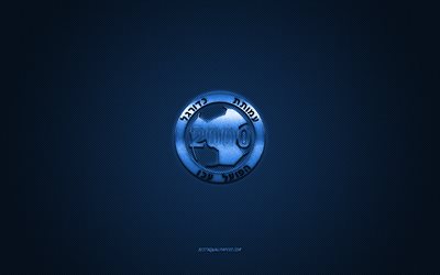 Hapoel Akko, clube de futebol israelense, Liga Leumit, logotipo azul, fundo azul de fibra de carbono, futebol, Acre, Israel, logotipo do Hapoel Akko