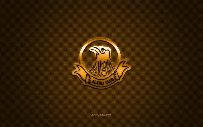 Al-Ahli Club, Bahrein football club, Bahraini Premier League, logotipo amarelo, fundo azul de fibra de carbono, futebol, Manama, Bahrain, logotipo do Al-Ahli Club
