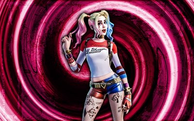 4k, Harley-Quinn, purple grunge background, Fortnite, vortex, Fortnite characters, Harley-Quinn Skin, Fortnite Battle Royale, Harley-Quinn Fortnite