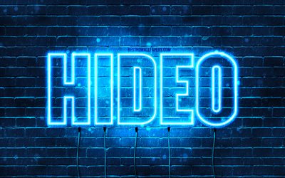 Happy Birthday Hideo, 4k, blue neon lights, Hideo name, creative, Hideo Happy Birthday, Hideo Birthday, popular japanese male names, picture with Hideo name, Hideo