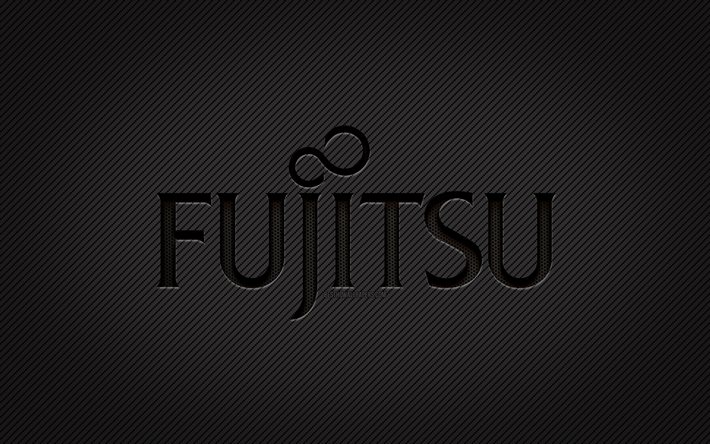 Fujitsu carbon logo, 4k, grunge art, carbon background, creative, Fujitsu black logo, brands, Fujitsu logo, Fujitsu
