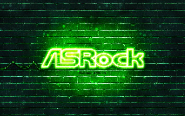 Logo vert ASrock, 4k, mur de briques vert, logo ASrock, marques, logo n&#233;on ASrock, ASrock