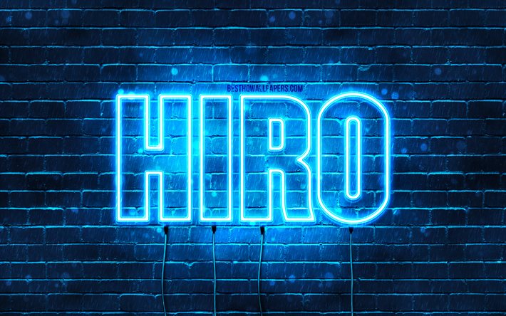 Feliz anivers&#225;rio, Hiro, 4k, luzes de n&#233;on azuis, nome de Hiro, criativo, Feliz anivers&#225;rio de Hiro, anivers&#225;rio de Hiro, nomes masculinos japoneses populares, foto com o nome de Hiro