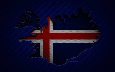 Carte de l&#39;Islande, 4k, pays europ&#233;ens, drapeau islandais, fond bleu carbone, silhouette de la carte de l&#39;Islande, drapeau de l&#39;Islande, Europe, carte de l&#39;Islande, Islande