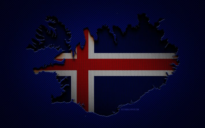 İzlanda haritası, 4k, Avrupa &#252;lkeleri, İzlanda bayrağı, mavi karbon arka plan, İzlanda harita silueti, Avrupa, İzlanda