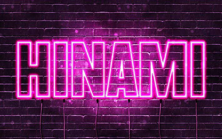 Grattis p&#229; f&#246;delsedagen Hinami, 4k, rosa neonljus, Hinami -namnet, kreativt, Hinami -f&#246;delsedagen, popul&#228;ra japanska kvinnliga namn, bild med Hinami -namnet, Hinami