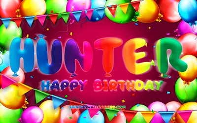 Joyeux anniversaire chasseur, 4k, cadre de ballon color&#233;, nom de chasseur, fond violet, joyeux anniversaire de chasseur, anniversaire de chasseur, noms f&#233;minins am&#233;ricains populaires, concept d&#39;anniversaire, chasseur