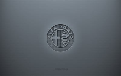 Logo Alfa Romeo, sfondo creativo grigio, emblema Alfa Romeo, trama di carta grigia, Alfa Romeo, sfondo grigio, logo Alfa Romeo 3d