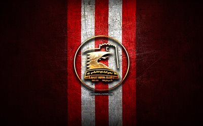 East Riffa Club, golden logo, Bahraini Premier League, red metal background, football, Bahraini football club, East Riffa Club logo, soccer, East Riffa Club FC