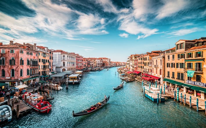 Venise, 4k, Grand Canal, &#233;t&#233;, villes italiennes, point de rep&#232;re, paysage urbain de Venise, Italie, Europe