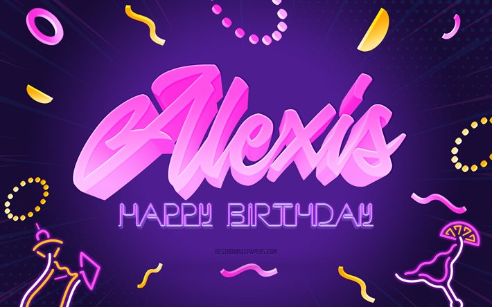 お誕生日おめでとうアレクシス, 4k, 紫のパーティーの背景, アレクシス, クリエイティブアート, アレクシスお誕生日おめでとう, アレクシスの名前, アレクシスの誕生日, 誕生日パーティーの背景