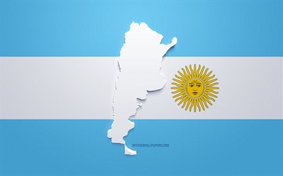 Silueta de mapa de Argentina, Bandera de Argentina, silueta en la bandera, Argentina, Silueta de mapa de Argentina en 3D, Mapa de Argentina en 3D