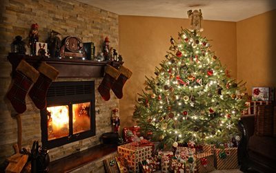 Christmas, Christmas decorations, New Year, Christmas tree, fireplace