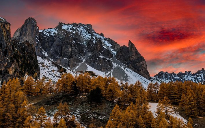 autumn, sunset, mountains, Alps, France, Rock