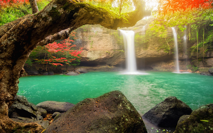 emerald lake, waterfall, autumn, Thailand, rainforest, red trees