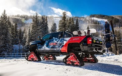 gmc sierra 2500hd, 2017, all-mountain-konzept, 4k, tuning, american suv, fahrzeug auf raupen, gmc