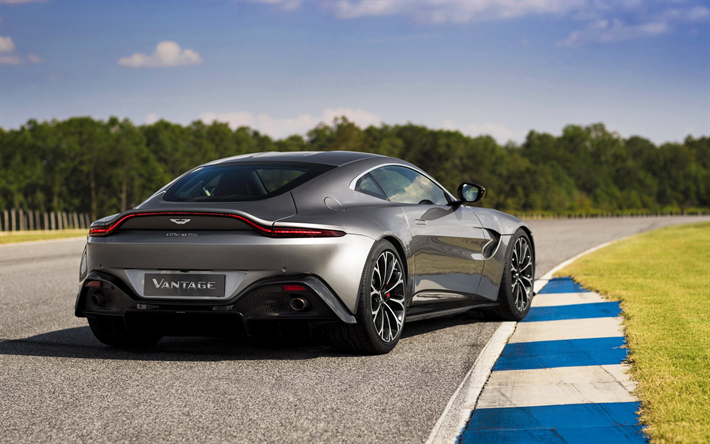 Aston Martin Vantage, 2018, rear view, luxury coupe, racing track, British sports cars, Aston Martin