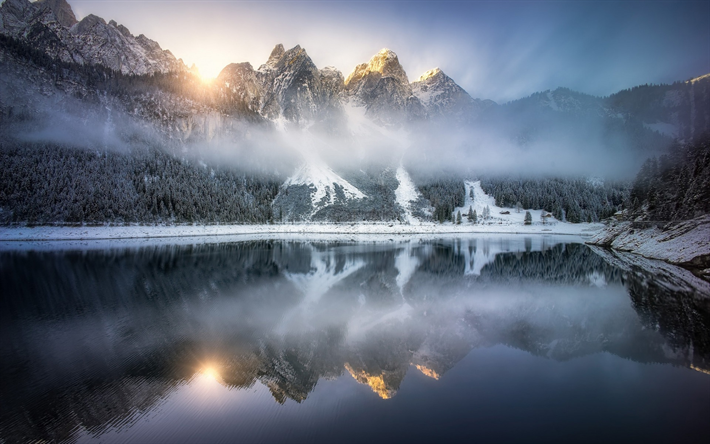 Lago Gozaussee, invierno, monta&#241;a, Alpes, Austria, Europa