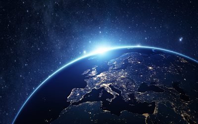 Europa di notte, dallo spazio, la Terra, le luci della citt&#224;, continente, open space, Europa