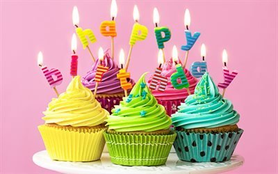Feliz Cumplea&#241;os, muffins, pasteles, velas, pastel de cumplea&#241;os, cupcakes