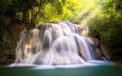 Huai Mae Khamin, cascata, foresta, lago blu, bosco, Thailandia