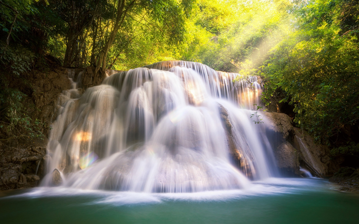 Huai Mae Khamin, cascada, bosque tropical, lago azul, bosque, Tailandia