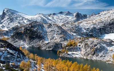 mountain landscape, winter, snow, forest, mountain lake, USA