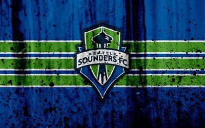 4k, Seattle Sounders FC, grunge, MLS, il calcio, il Western Conference, club di calcio, USA, Seattle Sounders, logo, pietra, texture