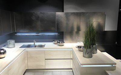 4k, kitchen, modern apartment, modern design, interior idea