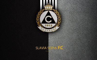 FC Slavia Sofia, 4k, logo, Lev futebol clube, Sofia, Bulg&#225;ria, futebol, textura de couro, Parva Liga, Bulg&#225;ria Campeonato De Futebol