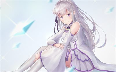 Emilia, 4k, personajes de anime, manga, Volver a Cero